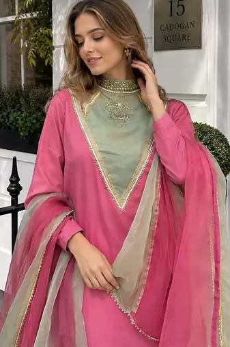 Rani-pink roman shimmer readymade kurti set with designer handwork