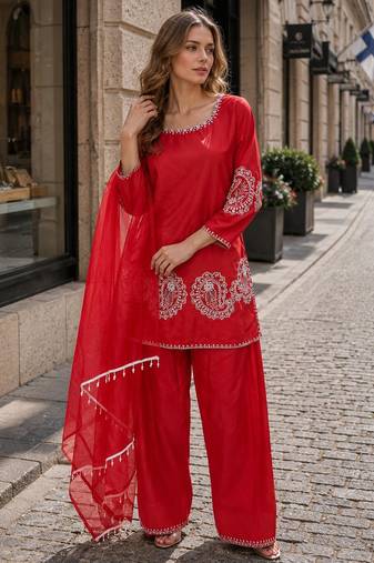 Red crape salwar suit with embroidery work