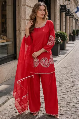Red crape salwar suit with embroidery work