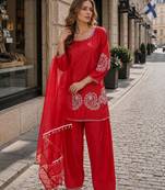 Red crape readymade salwar suit with embroidery work