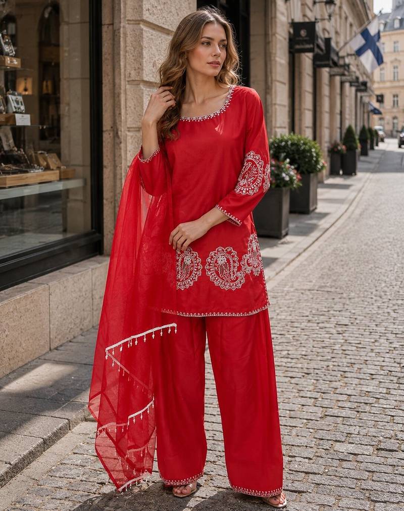Red crape readymade salwar suit with embroidery work