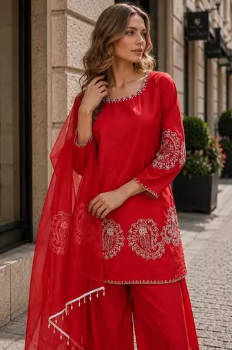 Red crape salwar suit with embroidery work