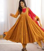 Yellow designer roman silk gown with dupatta