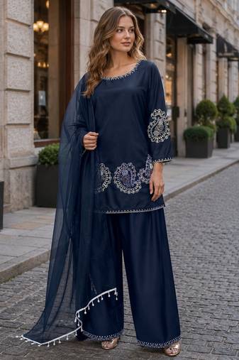 Navy-blue crape readymade salwar suit with embroidery work