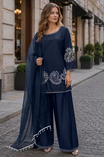 Navy-blue crape readymade salwar suit with embroidery work