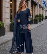 Navy-blue crape readymade salwar suit with embroidery work