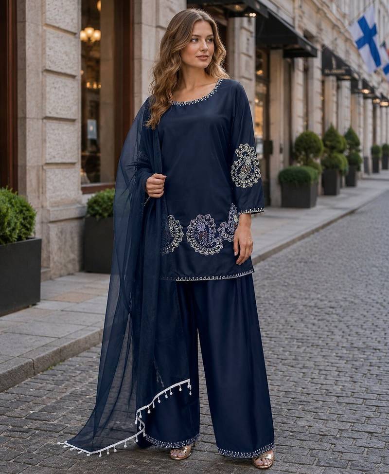 Navy-blue crape readymade salwar suit with embroidery work