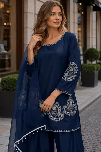 Navy-blue crape readymade salwar suit with embroidery work