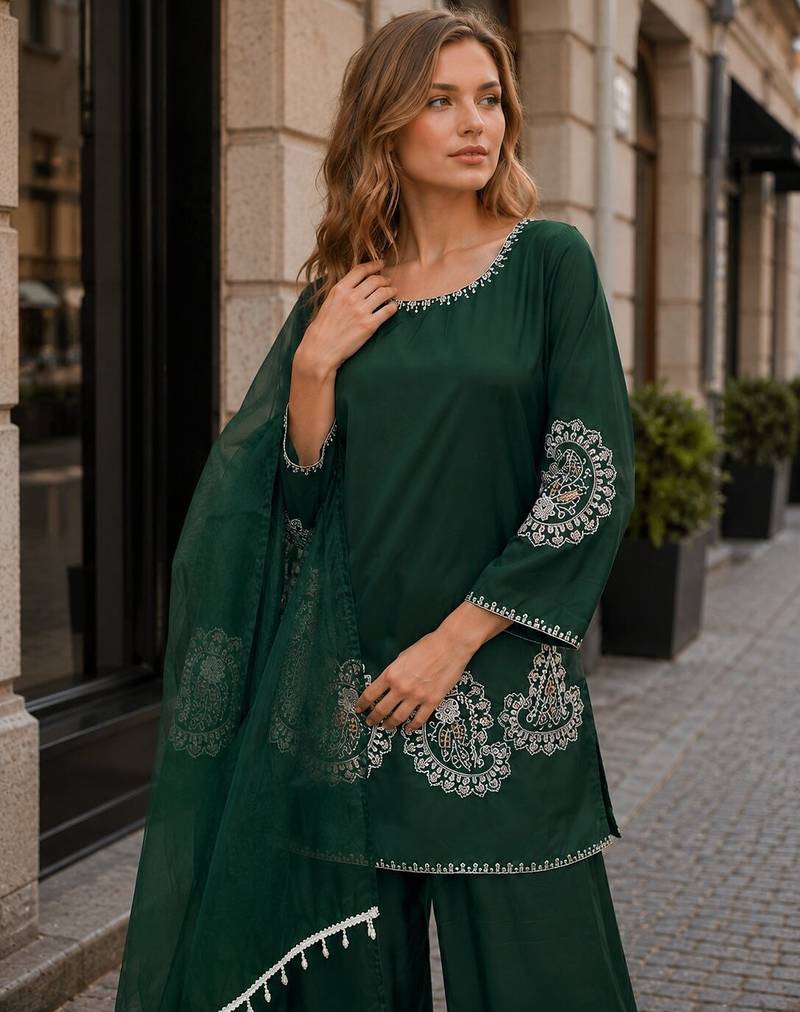 Dark green crape readymade salwar suit with embroidery work