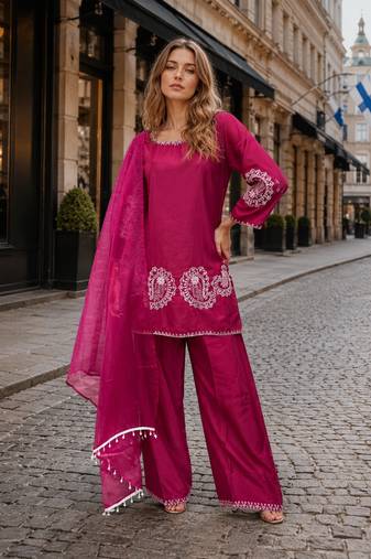D magenta crape readymade salwar suit with embroidery work