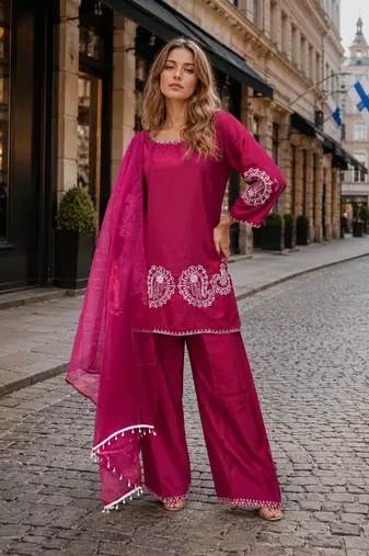 D magenta crape readymade salwar suit with embroidery work