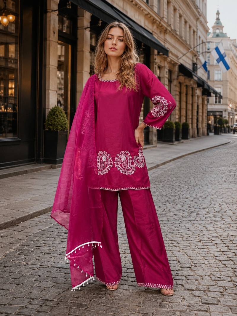 D magenta crape readymade salwar suit with embroidery work