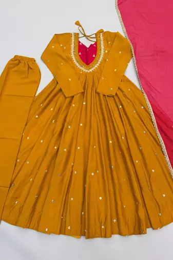 Yellow designer roman silk gown with dupatta