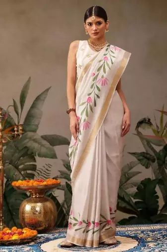 Onam special floral printed kasavu silk saree