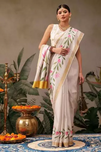 Onam special floral printed kasavu silk saree
