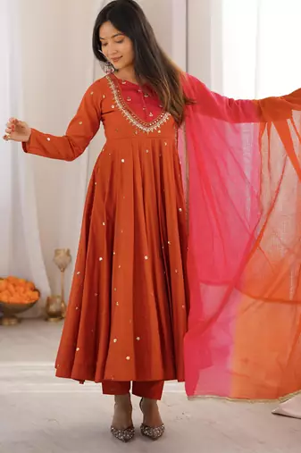 Orange designer roman silk gown with dupatta