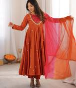 Orange designer roman silk gown with dupatta