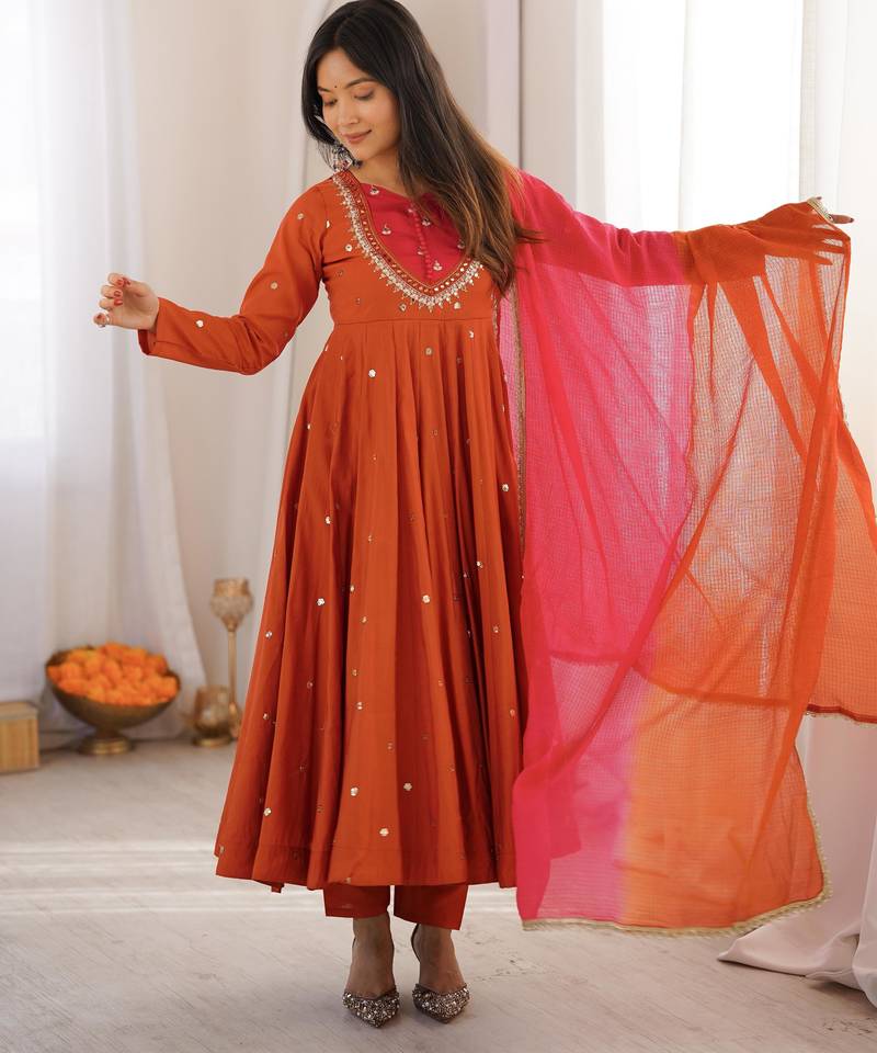 Orange designer roman silk gown with dupatta