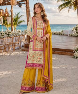 Yellow embroidered silk fully stitched plazo suit 1