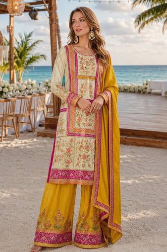 Yellow embroidered silk fully stitched plazo suit