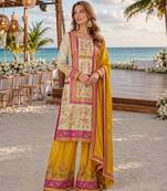 Yellow embroidered silk fully stitched plazo suit