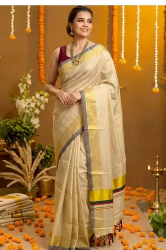 cream checked zari designer tissue kasavu saree