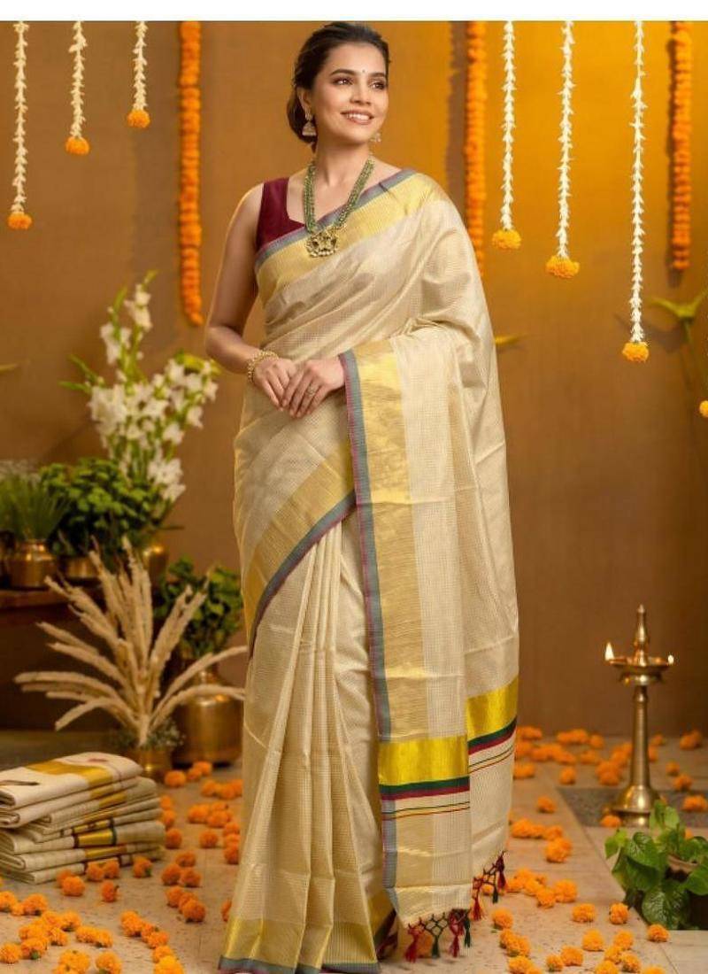 Checked zari tissue designer kasavu saree