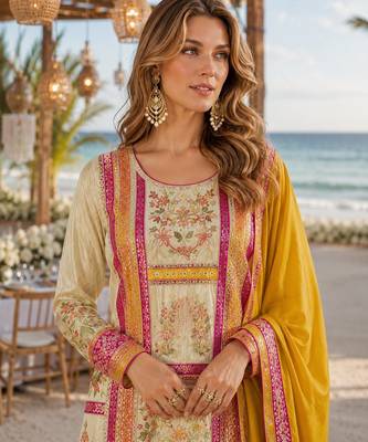 Yellow embroidered silk fully stitched plazo suit 2