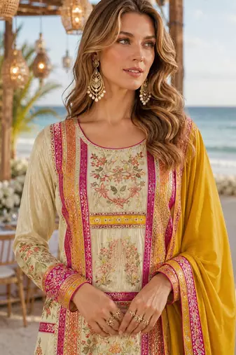 Yellow embroidered silk fully stitched plazo suit