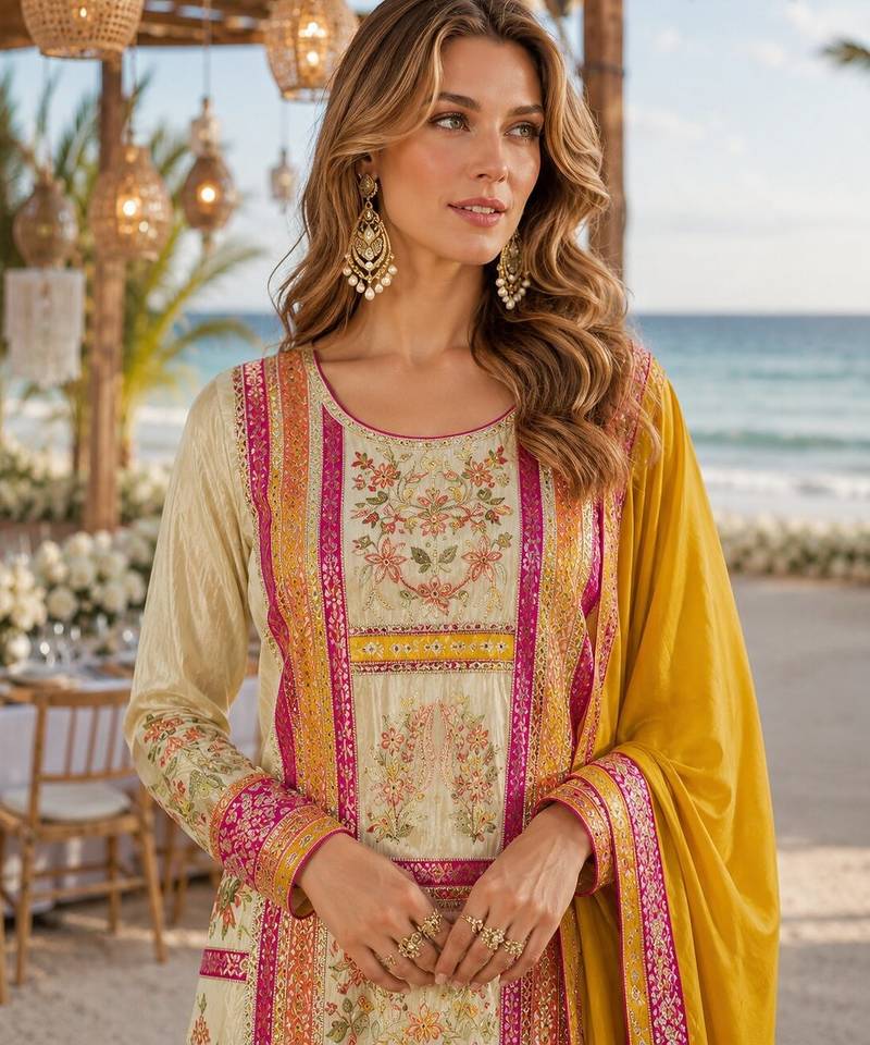 Yellow embroidered silk fully stitched plazo suit