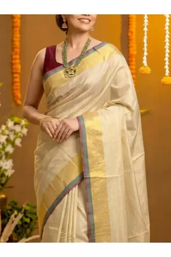 cream checked zari designer tissue kasavu saree