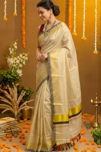 cream checked zari designer tissue kasavu saree