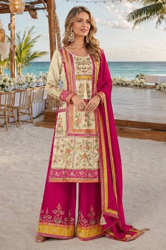 Pink embroidered silk fully stitched plazo suit