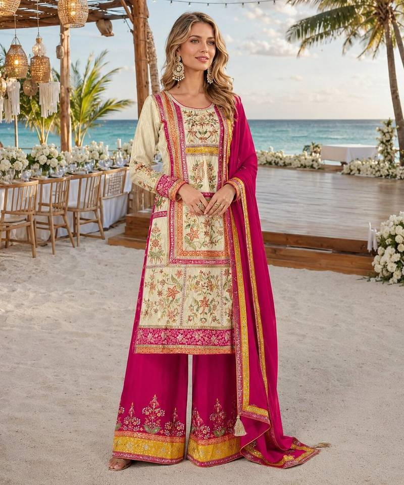 Pink embroidered silk fully stitched plazo suit