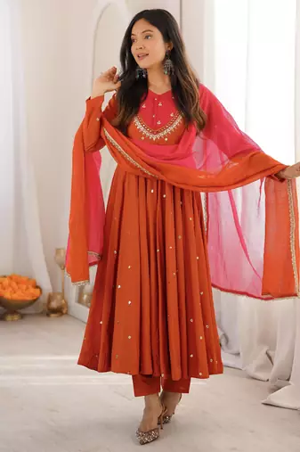 Orange designer roman silk gown with dupatta