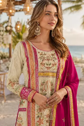 Pink embroidered silk fully stitched plazo suit