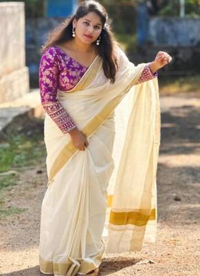 off white pure cotton handloom kasavu saree 1