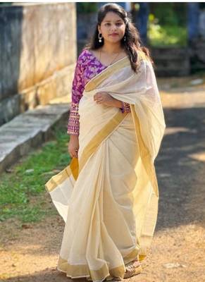 off white pure cotton handloom kasavu saree 2