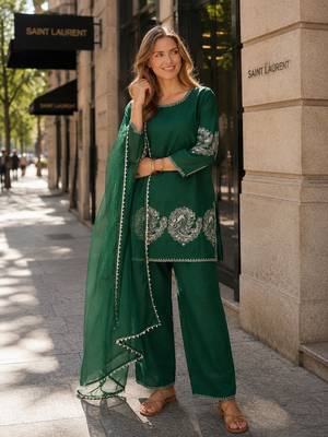 D green crepe stitched suit with sequin embroidery work 1