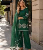 D green crepe stitched suit with sequence embroidery work
