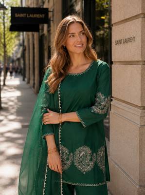 D green crepe stitched suit with sequin embroidery work 2