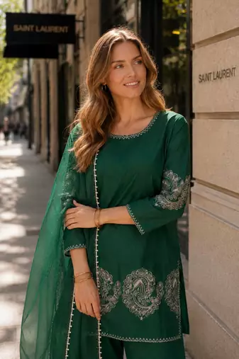 D green crepe stitched suit with sequence embroidery work