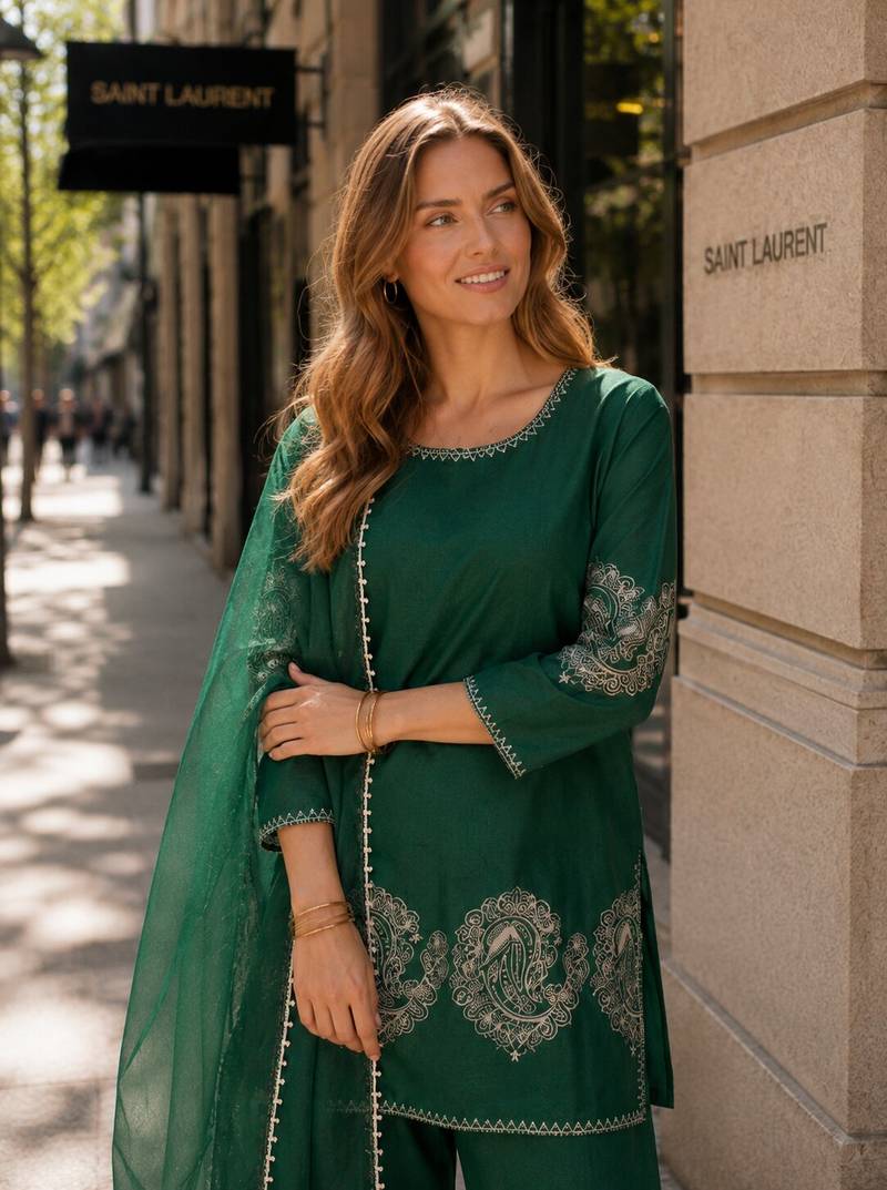 D green crepe stitched suit with sequence embroidery work