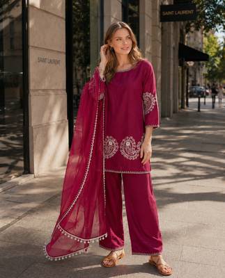 Maroon crepe stitched suit with sequin embroidery work 1