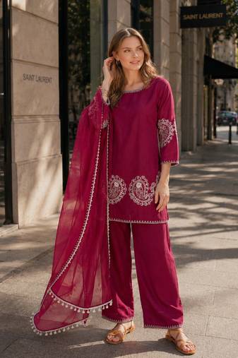 Maroon crepe stitched suit with sequin embroidery work