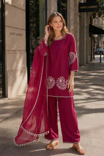 Maroon crepe stitched suit with sequence embroidery work