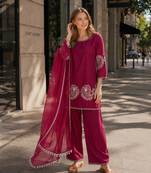 Maroon crepe stitched suit with sequence embroidery work
