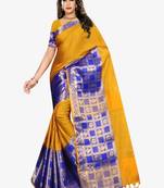 Mustard & blue ethnic motifs zari art silk half and half kasavu saree