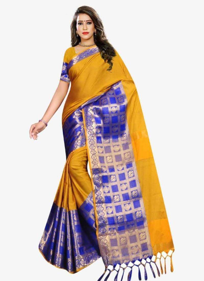 Mustard & blue ethnic motifs zari art silk half and half kasavu saree