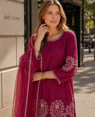 Maroon crepe stitched suit with sequin embroidery work 2